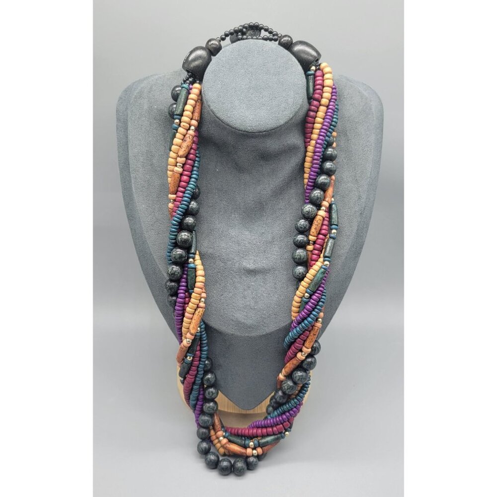 Multicolor Twisted Layered Faux Wooden Beaded Bulky Necklace N1C